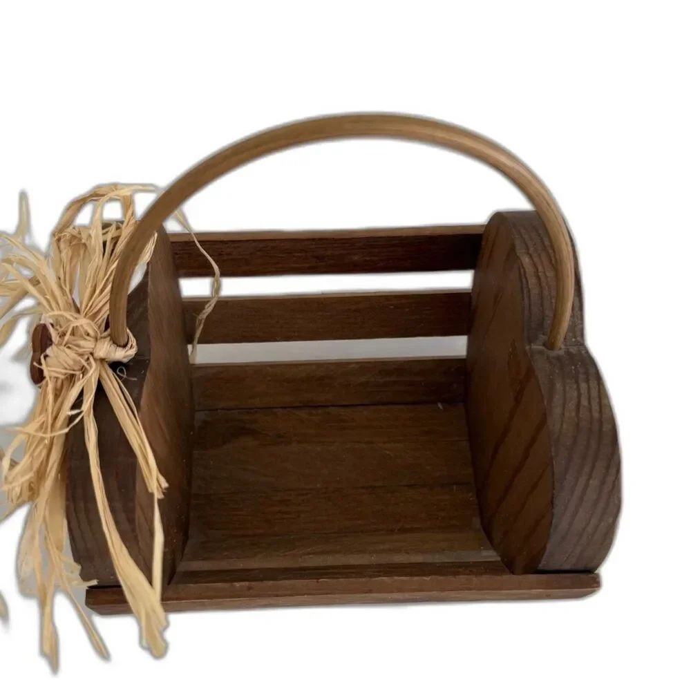 Heart Slatted Decorative Wooden Basket with Handle Raffia Charm Cottagecore